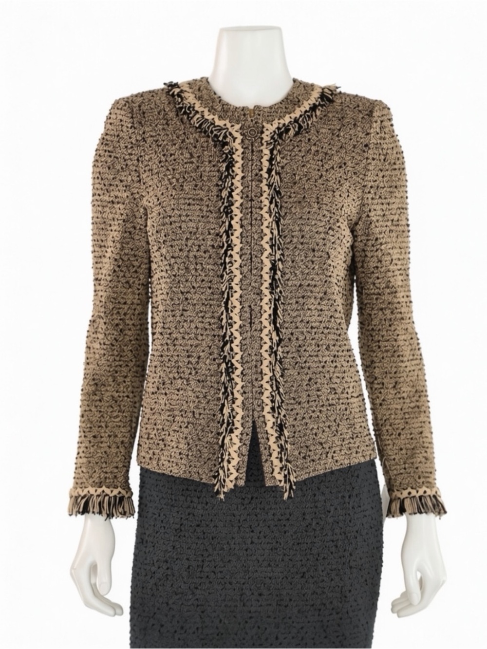 ST. JOHN COLLECTION •  Fringe Knit Tweed Zip Up Jacket Blazer in Wheat/Black